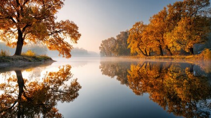 Obraz premium Calm autumn lake with perfect reflection of golden maple trees, mirror-like water surface, soft morning mist above the lake, peaceful and symmetrical composition