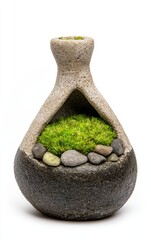 Fototapeta premium Textured Stone Vase Featuring Vibrant Green Moss and Rocks on White Background