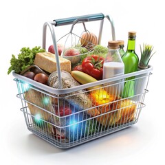 Grocery shopping basket filled with assorted food items