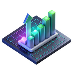 Glossy 3D Bar Graph with Upward Arrow Symbolizing Success and Growth in Neon Ambiance.