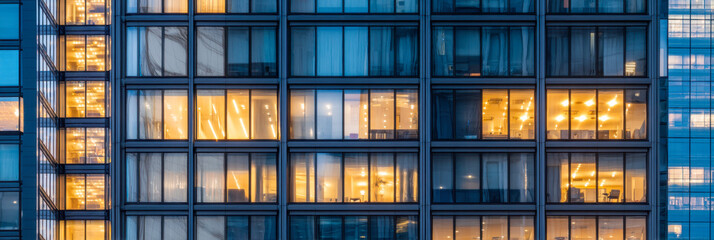 Urban skyscraper windows emit warm glow during evening in modern cityscape