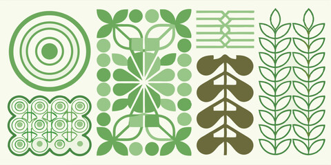Geometric pattern featuring circles leaves and abstract floral elements in shades of green and olive drab
