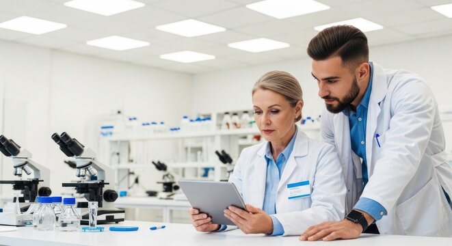 Two scientists in lab coats examining data on a tablet in a bright and modern laboratory setting