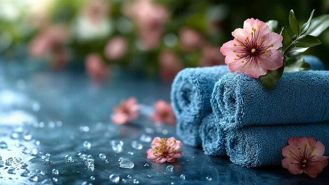 Serene Spa Day: Blue Towels, Pink Blossoms, and Refreshing Rain