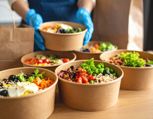 A person wearing blue gloves is carefully arranging colorful, fresh poke bowls filled with vegetables, greens, and proteins into eco-friendly containers for takeaway service.