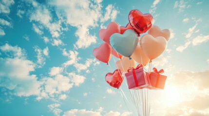 A Box flying on a parachute with pink cloud in valentine day,package flying down from sky and cloud with parachute, concept for delivery service,shopping online,air delivery service.