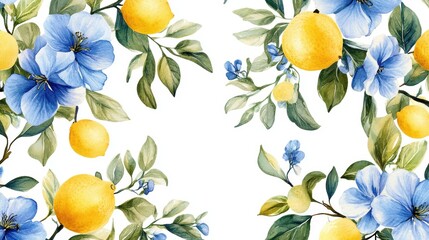 Watercolor Lemon tree branches seamless border,lemon set On a white background,Summer citrus fruit,Juicy colors,Hand drawn lemon set,Botanical illustration collection,Whole lemons,banner menu drink.