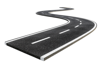 Winding asphalt road with white lines, isolated, transparent background, 3D render