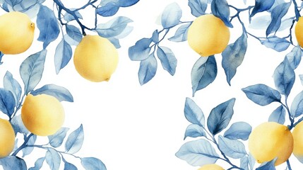 Watercolor Lemon tree branches seamless border,lemon set On a white background,Summer citrus fruit,Juicy colors,Hand drawn lemon set,Botanical illustration collection,Whole lemons,banner menu drink.