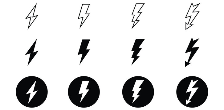 lightning bolt icon set in editable stroke and filled.
electric power symbol.
