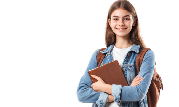 Smiling teenage girl student with backpack holding brown notebook, transparent background