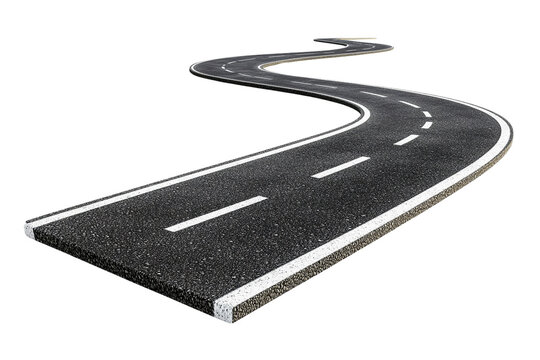 Winding asphalt road with white lines, isolated, transparent background, 3D render