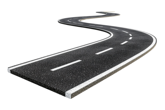 Winding asphalt road with white lines, isolated, transparent background, 3D render - Powered by Adobe