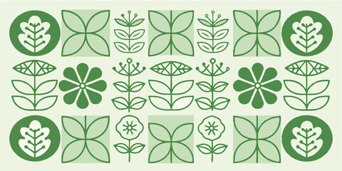 Pattern of green floral and leaf designs arranged in rows and columns on a light background color