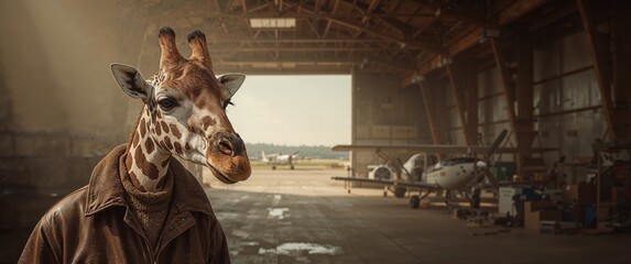 Giraffe Pilot Waiting for Takeoff in Hangar, Airplane in Background, Funny Scene.