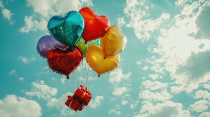 A Box flying on a parachute with pink cloud in valentine day,package flying down from sky and cloud with parachute, concept for delivery service,shopping online,air delivery service.