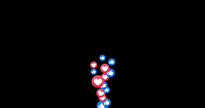 Heart and thumb up fountain fly up. Stream reactions in social media. Follower like support. Love emoji motion graphic. Live streaming in emoticon reaction template. MOV with Alpha Channel Overlay