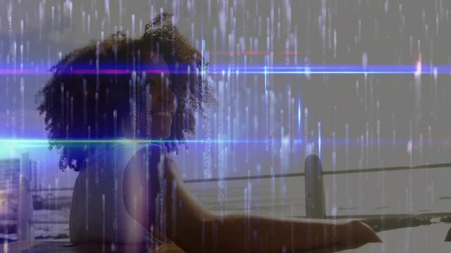 Glitch overlay gliding across ocean horizon causing woman leaning smiling waving in technology
