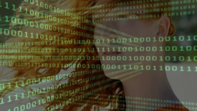 binary scroll causing model turning as green code sweeping face revealing profile showcasing tech