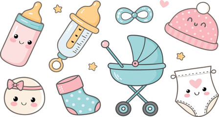 Kawaii Baby Icon Set Bottle, Pacifier, Rattle, Hat, Stroller, Baby, Diaper & Socks on White Background. 