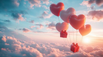 Obraz premium A Box flying on a parachute with pink cloud in valentine day,package flying down from sky and cloud with parachute, concept for delivery service,shopping online,air delivery service.