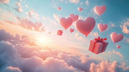 Fototapeta premium A Box flying on a parachute with pink cloud in valentine day,package flying down from sky and cloud with parachute, concept for delivery service,shopping online,air delivery service.