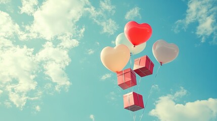 A Box flying on a parachute with pink cloud in valentine day,package flying down from sky and cloud with parachute, concept for delivery service,shopping online,air delivery service.