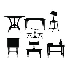 Black and White Silhouette Illustrations Showcasing Diverse Table and Desk Designs in Minimalist Bold Style. 