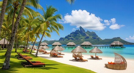 A beautiful tropical beach with palm trees, overwater bungalows, and mountain views in the distance
