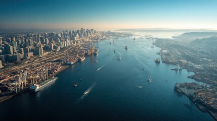 Fototapeta premium Wide panoramic aerial of a coastal city harbor, ships anchored and in motion, harbor cranes, and skyline with urban architecture, bright sunlight and calm sea