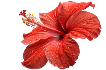 Close up of red hibiscus flower with water droplets for botanical floral nature backgrounds art prints