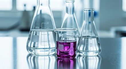 Close up of laboratory glassware with clear and purple liquids on a shiny surface in a lab setting