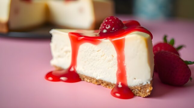 A long exposure photography of an extreme macro close-up of a creamy cheesecake slice with raspberry sauce on a pink background. Small subject detail captures motion or light trails