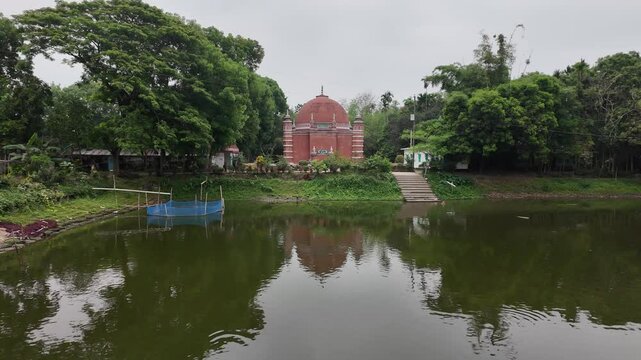 Four-domed Atia Mosque in front of a pond, Delduar, Bangladesh