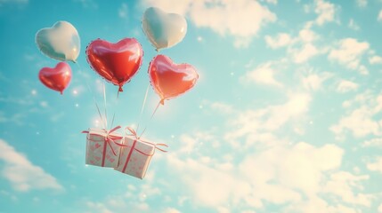A Box flying on a parachute with pink cloud in valentine day,package flying down from sky and cloud with parachute, concept for delivery service,shopping online,air delivery service.