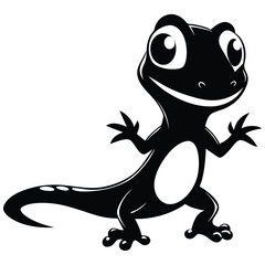 Cheerful cartoon gecko stands smiling, its contrasting white belly visible against a plain backdrop
