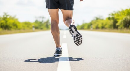 A person running on a road with trees in the background on a sunny day with a white line on the road