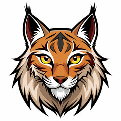 Detailed illustration of a lynx head presented head on against a clean white background showcasing intricate feline details and realistic