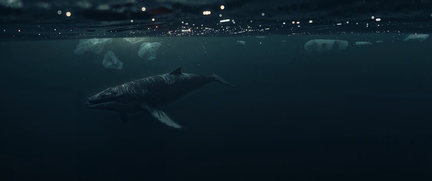 Humpback Whale Swimming Calmly Beneath the Surface in Dark, Cold, Arctic Waters.