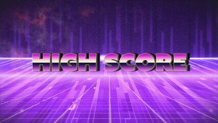 Artifacts drifting across neon grid starting 3D HIGH SCORE sharpening then fading for score reveal - Powered by Adobe