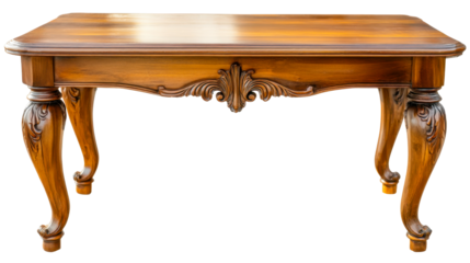 Detailed view of an antique wooden table with elegant carvings and smooth finish
