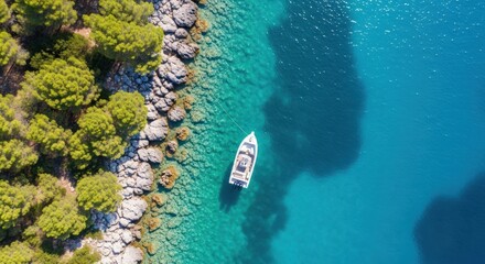 Aerial view of a white boat anchored near a rocky coastline with green trees on a clear turquoise sea