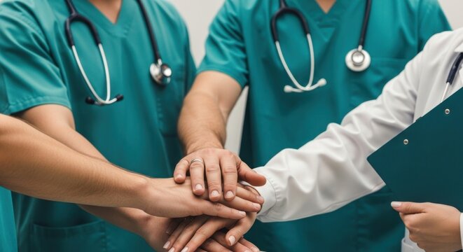 A medical team stacking hands wearing scrubs and lab coat showing unity and teamwork in healthcare