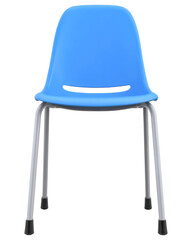 Minimalist blue chair against a white background showcasing modern design simplicity