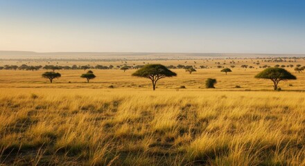Obraz premium Layered Savanna Landscape with Acacia Trees and Distant Hills