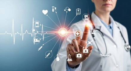 Doctor interacting with medical interface featuring icons and heartbeat line on blue background