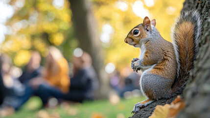 Curious squirrel perched on tree trunk, surrounded by vibrant autumn park scene with blurred friends gathering nearby
