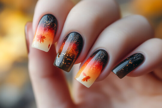 Close-up of manicured nails featuring autumn inspired gradient design with maple leaves and glitter over a black to orange ombre background. Concept of seasonal beauty, fall fashion and artistic nail.