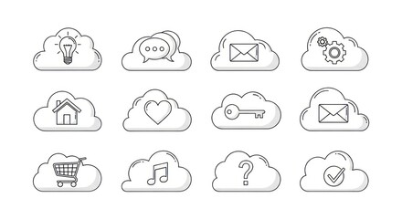 A collection of cloud icons with various symbols representing different functions and applications online