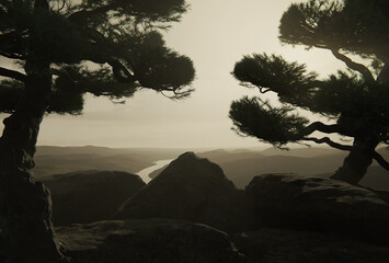 wide mountain landscape with view platform between japanese white pines. 3D Rendering